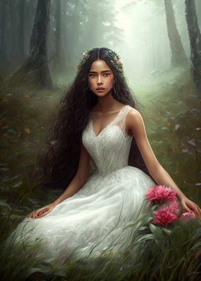 Woman in White Dress with Floral Crown Sitting in Misty Forest