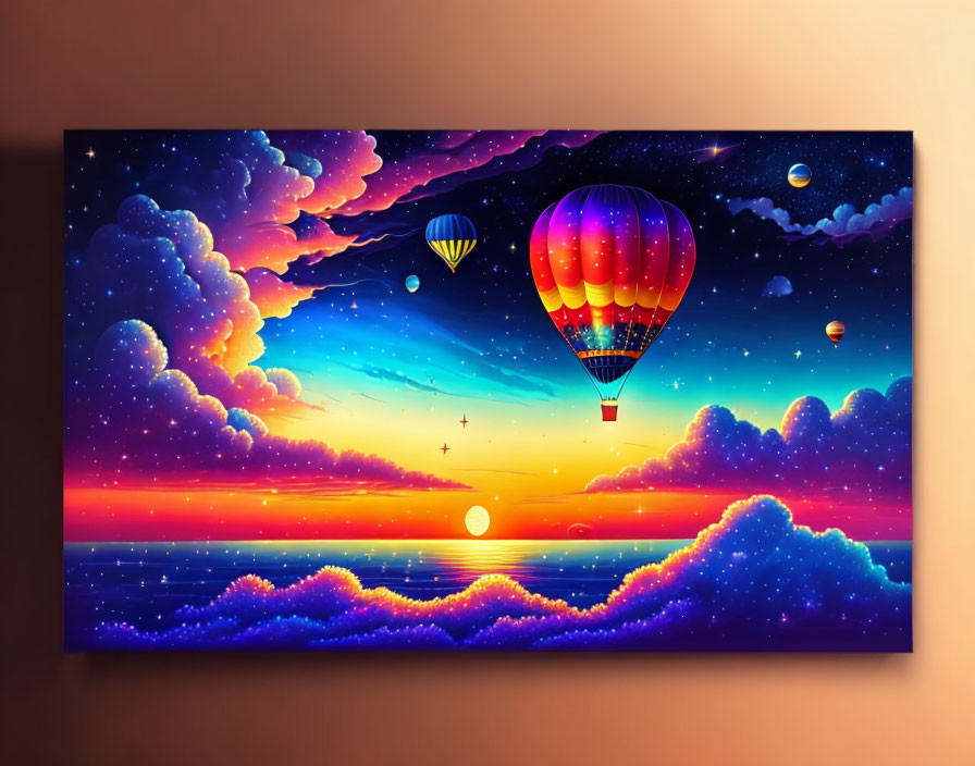 Colorful hot air balloons in surreal sunset scene with pink clouds and stars over calm sea