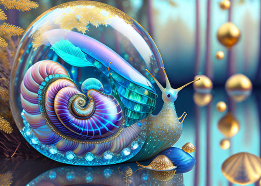 Colorful snail in bubble with ferns - digital fantasy art