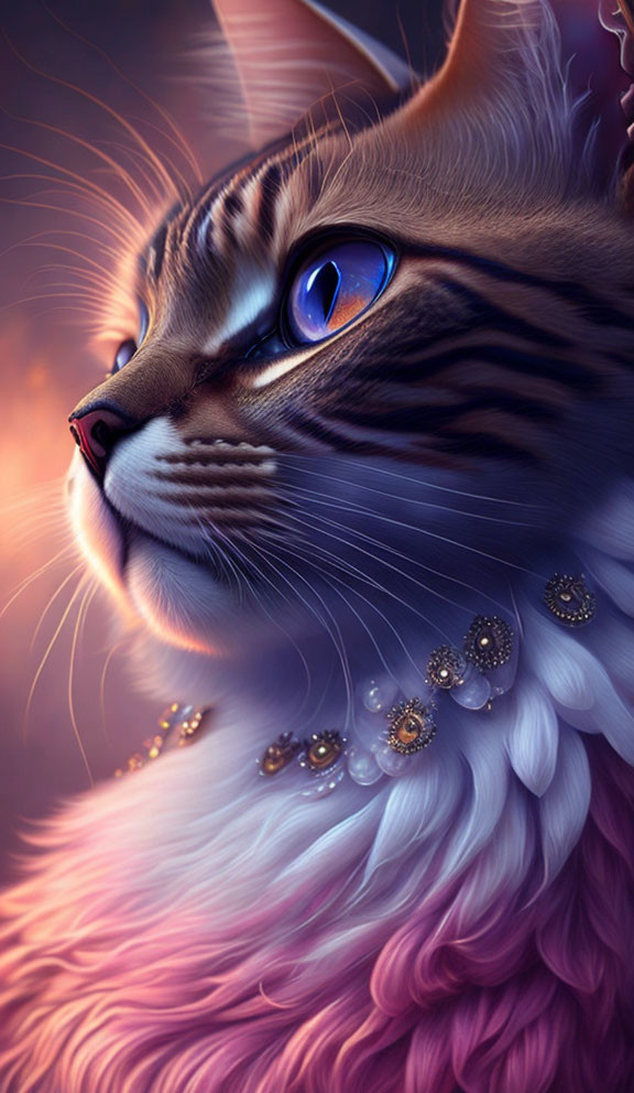 Regal cat digital illustration with blue eyes and ornate golden jewelry
