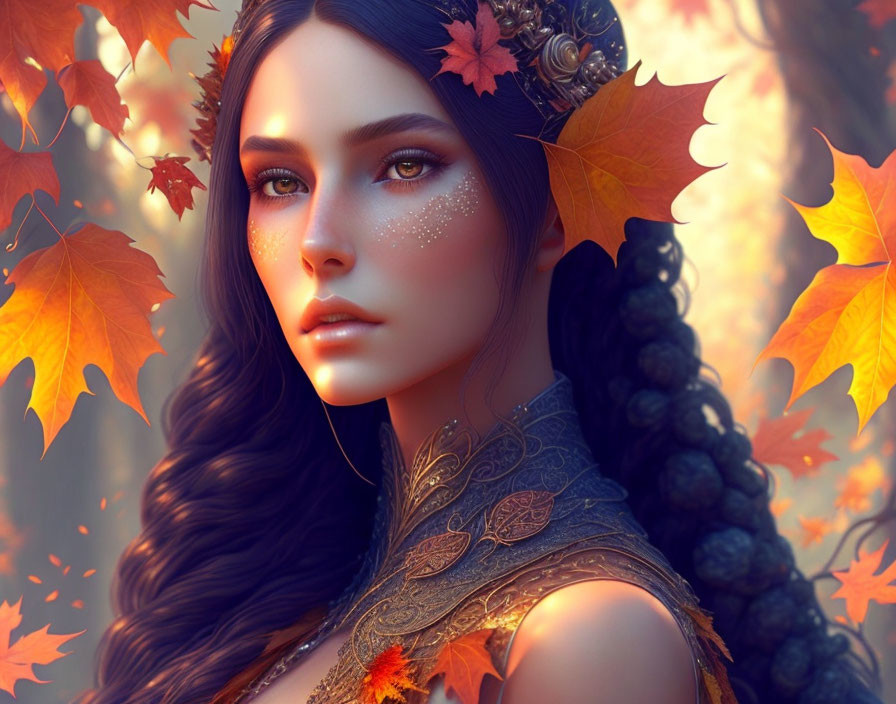 Digital Artwork: Woman with Autumn Leaves and Gold Outfit