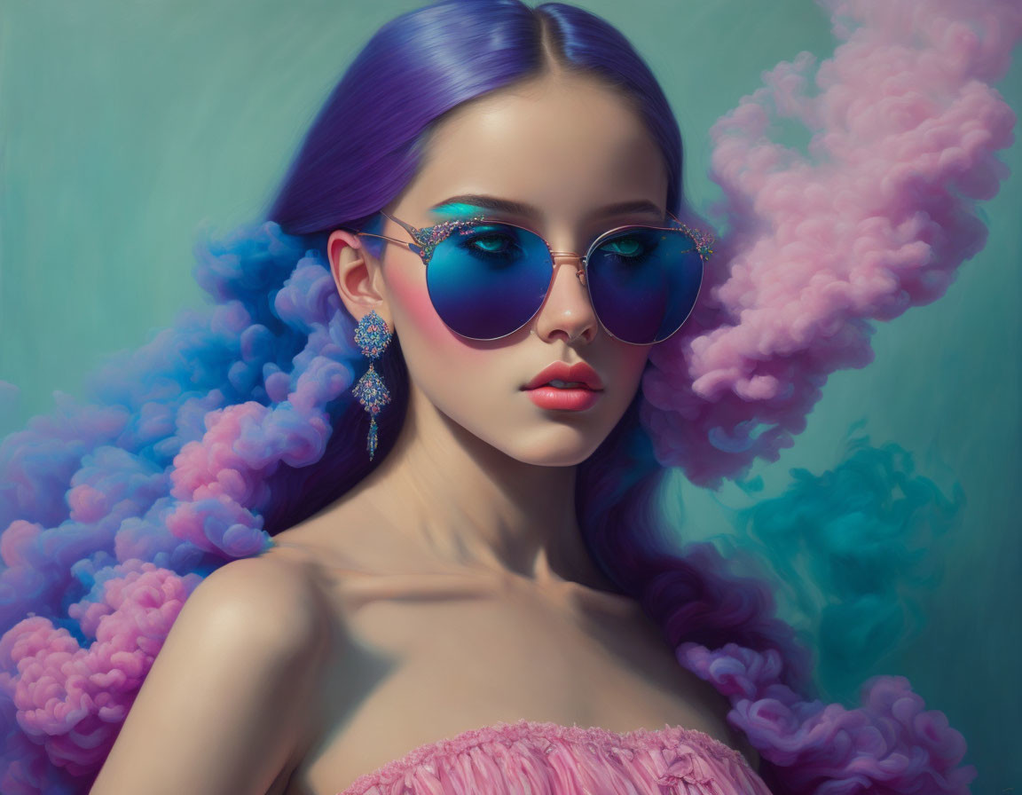 Woman with purple hair, sunglasses, large earrings in pink and purple cloud setting against teal background