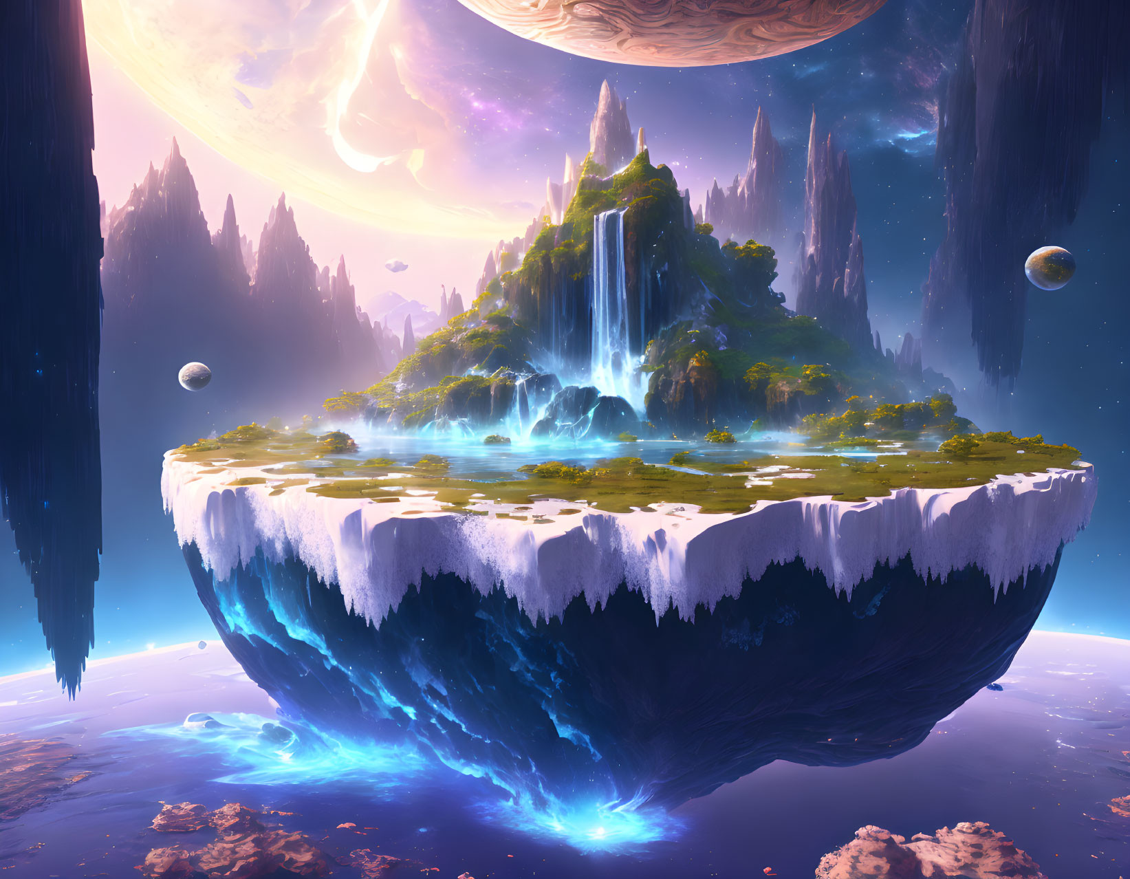 Floating Island with Waterfalls, Greenery, & Icy Underhangs Amid Celestial Planets