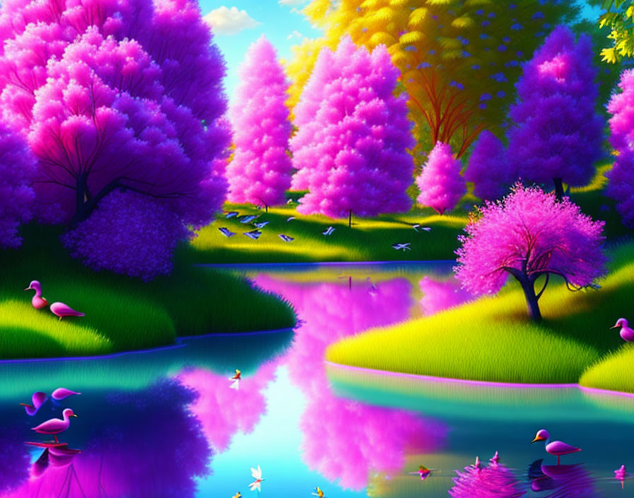 Colorful Landscape with Magenta Trees, River, Flowers, and Flamingos