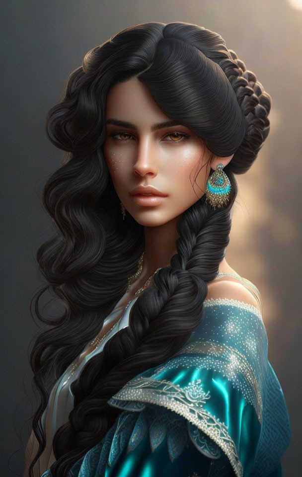 Digital Artwork: Woman with Long Wavy Black Hair and Teal Embroidered Garment