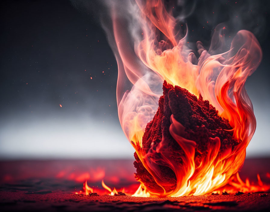 Intense flames on rough-textured object in dark, smokey background
