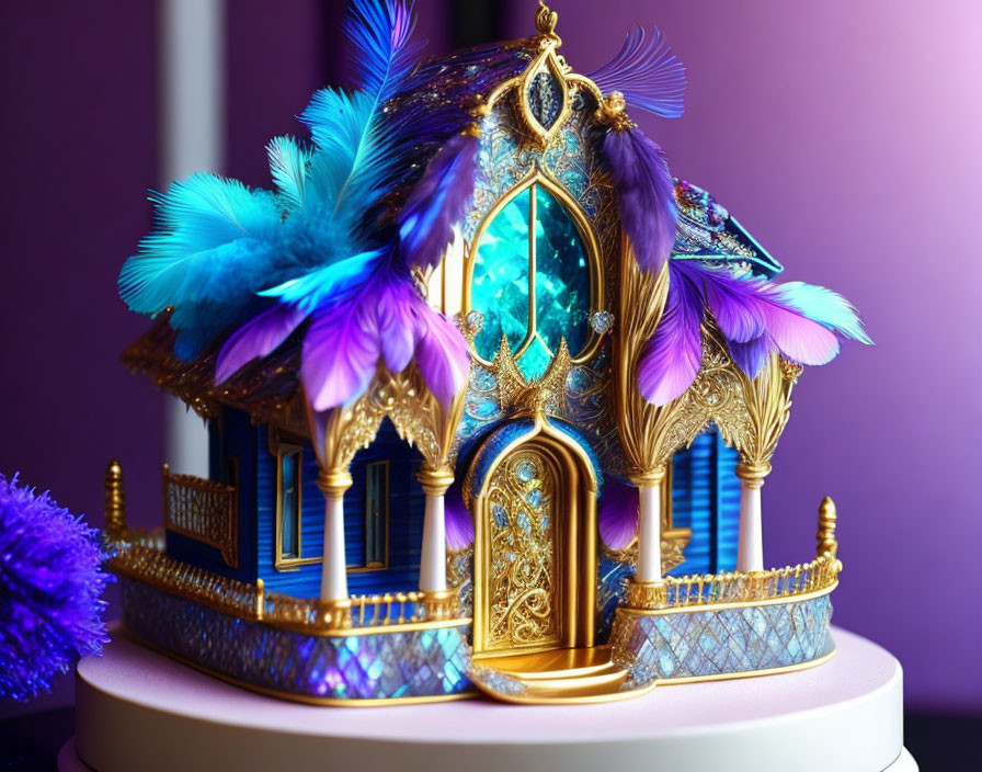 Colorful Carousel-Inspired Cake with Blue and Purple Feathers and Gold Detailing
