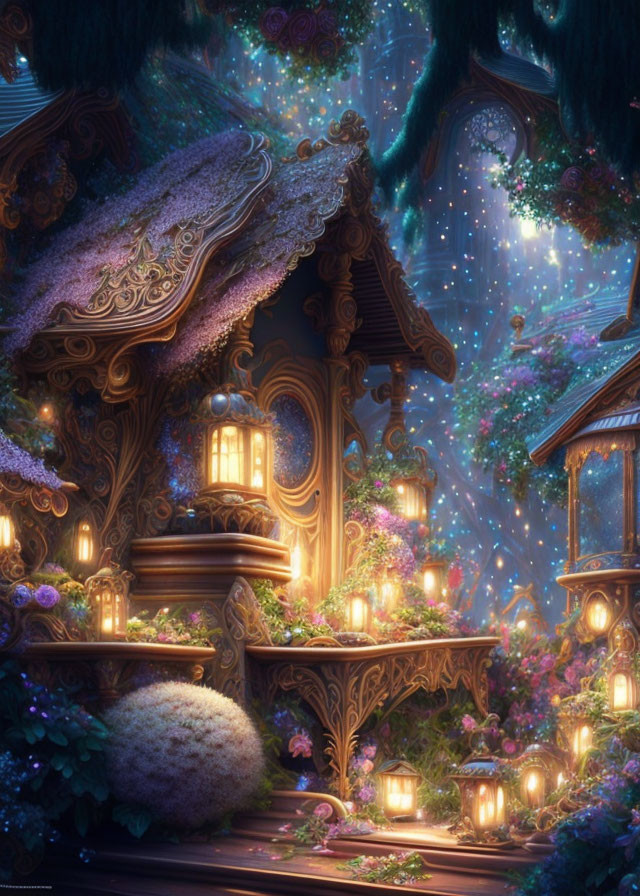 Whimsical wooden house in enchanting night scene