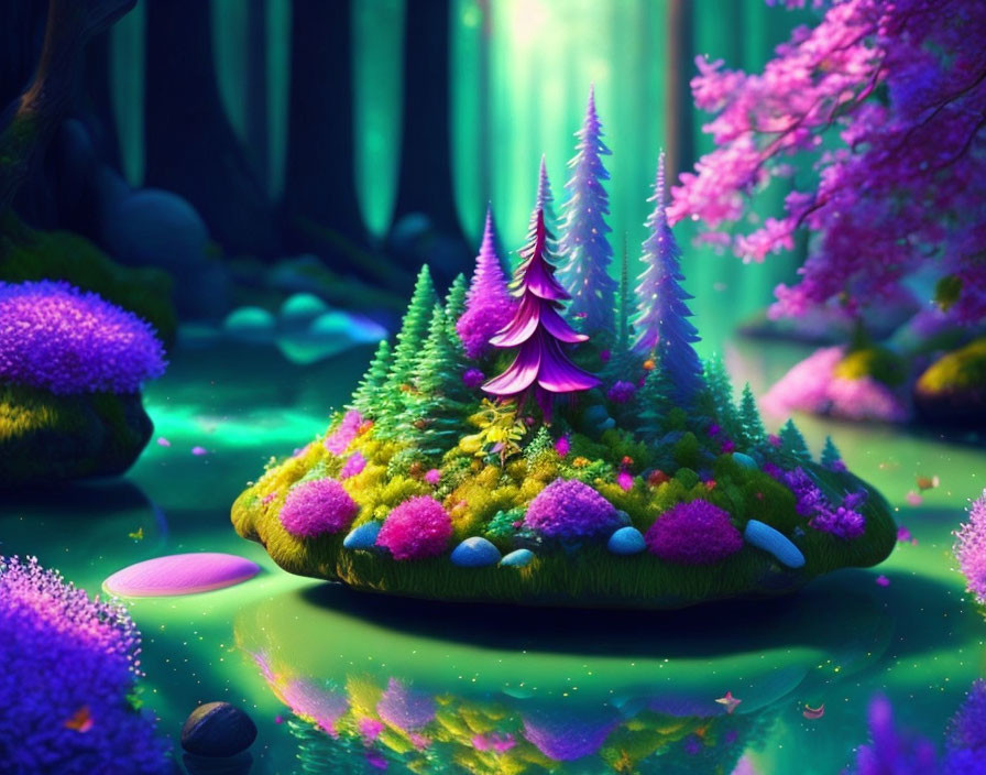 Fantastical Landscape with Fluorescent Flora and Luminescent Green Lake