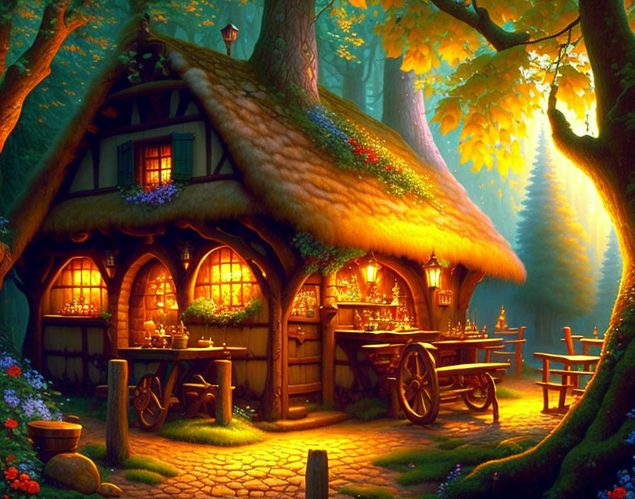 Thatched Roof Cottage in Enchanted Forest with Glowing Windows