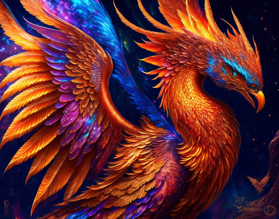 Colorful Mythical Phoenix Illustration with Fiery Feathers and Cosmic Energy