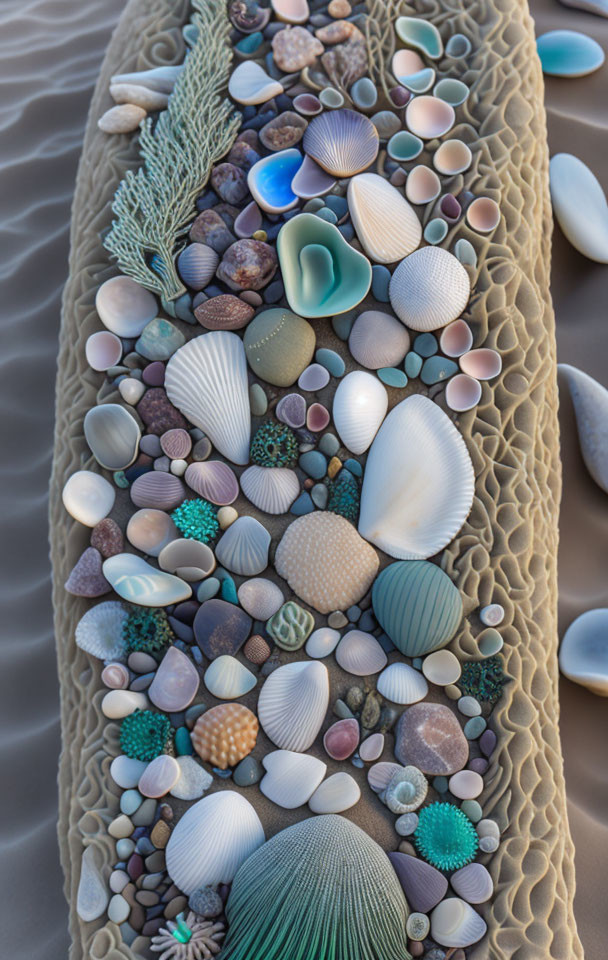 Assorted multi-colored seashells on sandy texture