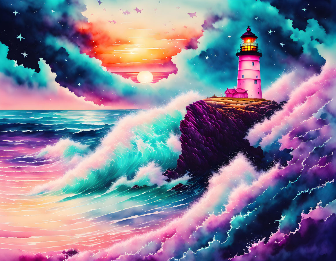 Lighthouse artwork: Cliff, crashing waves, surreal sky.