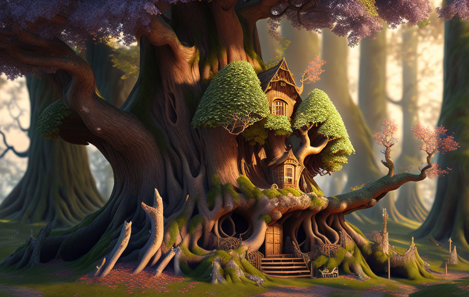 Whimsical treehouse with thatched roof in ancient tree in magical forest