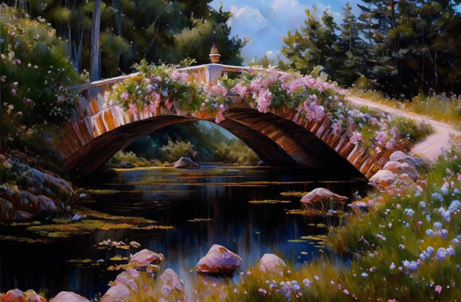 Tranquil stream with old stone bridge and lush surroundings