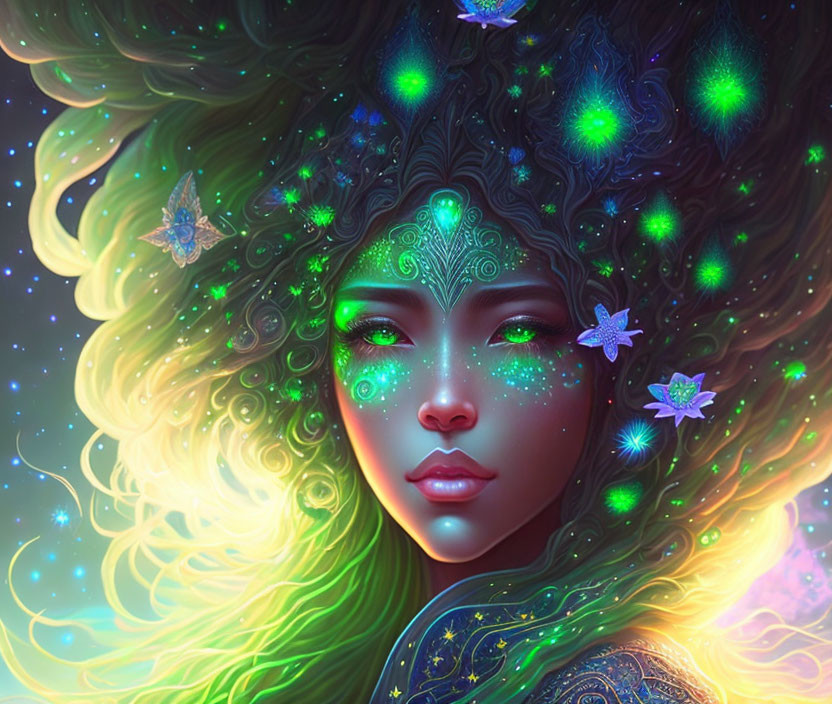 Fantastical portrait of a woman with vibrant flowing hair and celestial designs