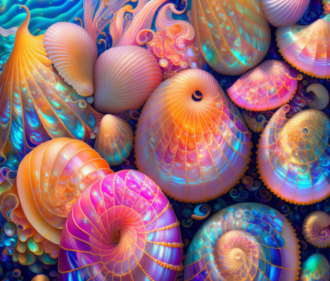 Colorful digital artwork featuring iridescent seashells with intricate patterns