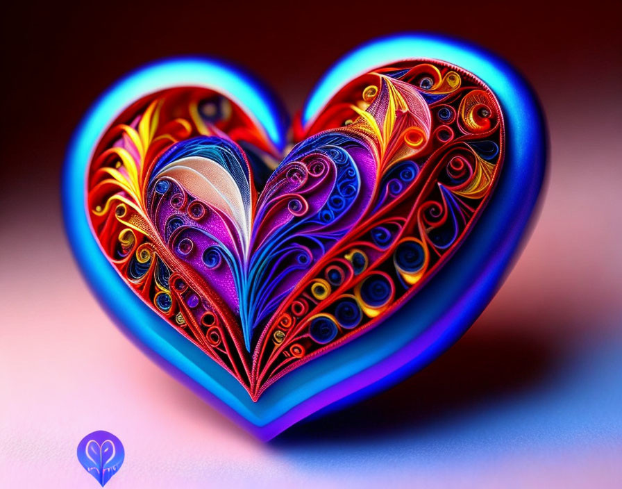 Colorful Heart-Shaped Paper Quilling Artwork with Blue Outlines