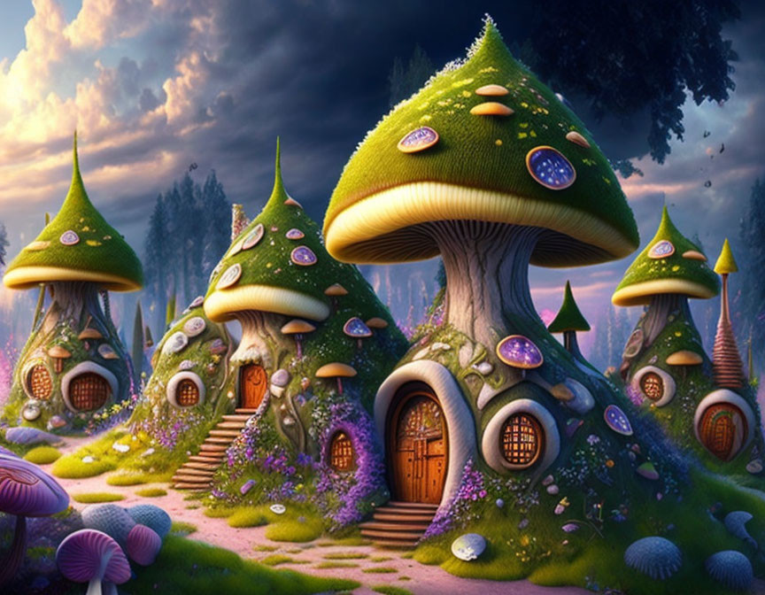 Enchanted Forest with Mushroom Houses at Twilight