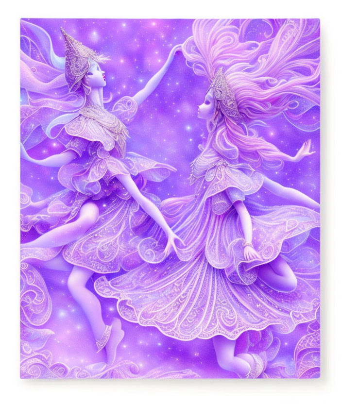 Ethereal purple fairies dancing in celestial space
