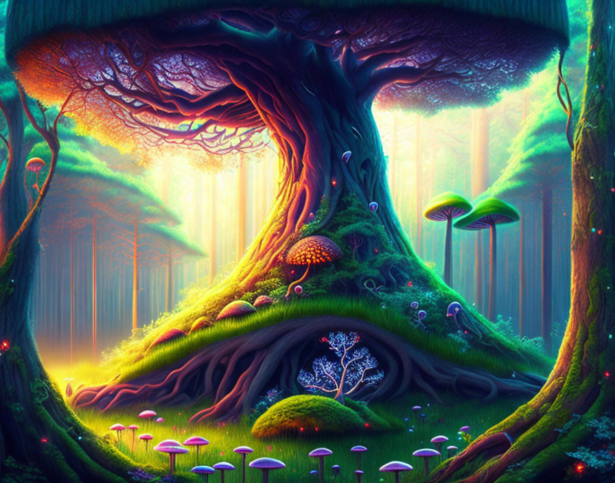Mystical forest scene with ancient tree and colorful mushrooms