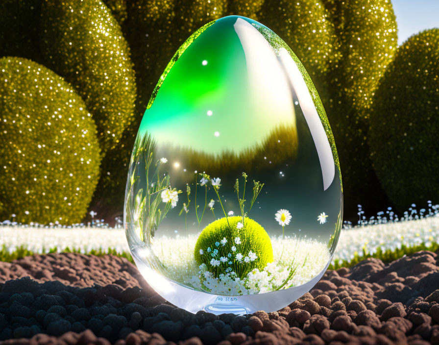 Miniature landscape in crystal egg with green hills and aurora sky