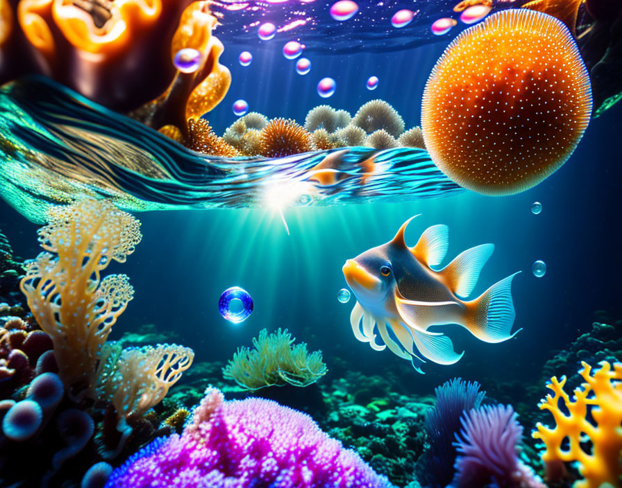 Colorful Coral and Tropical Fish in Vibrant Underwater Scene