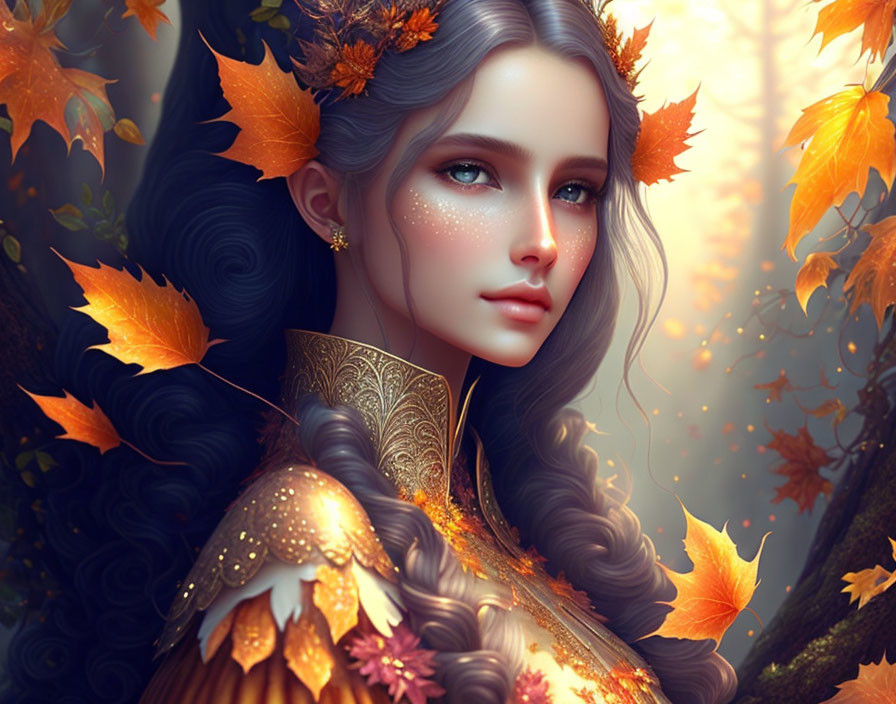 Digital artwork of woman with autumn leaves, golden attire, and serene expression in fall setting