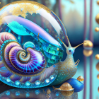 Colorful snail in bubble with ferns - digital fantasy art