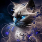 Detailed Brown and White Cat with Blue Eyes Surrounded by Purple Flowers on Dark Background