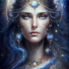 Ethereal fantasy portrait of woman with blue and silver ornate headdress and butterfly motifs