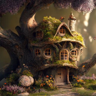 Whimsical treehouse with thatched roof in ancient tree in magical forest