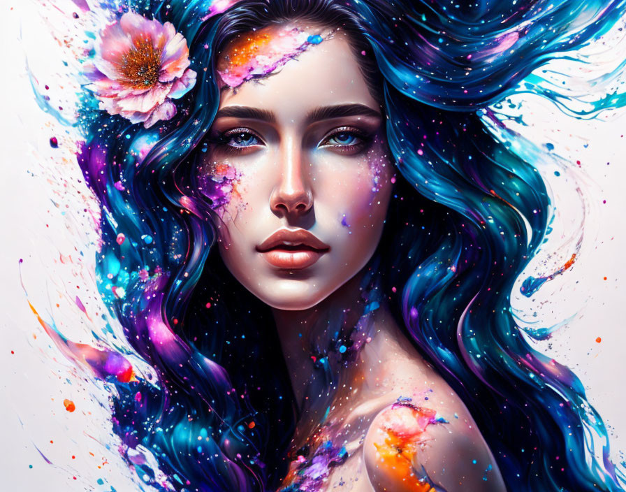 Digital artwork featuring woman with flowing blue hair and cosmic floral accents.