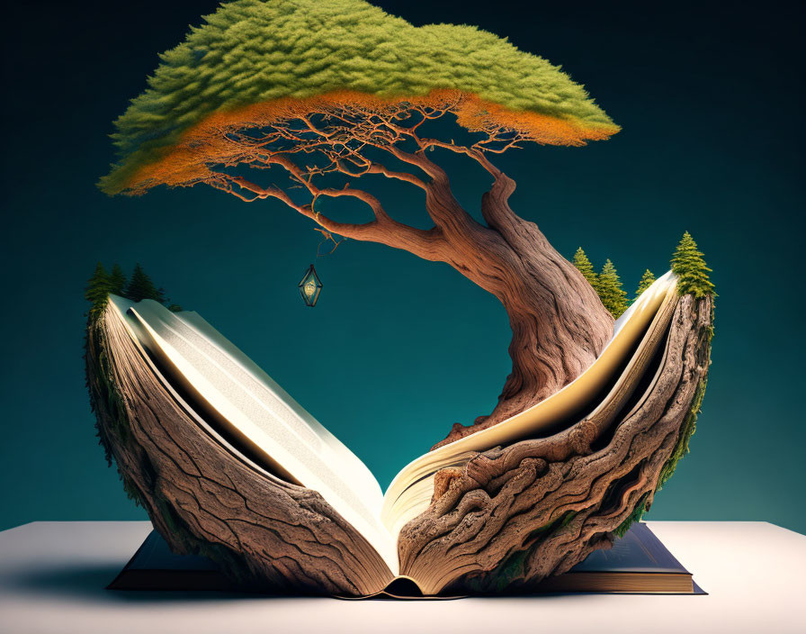 Book pages transform into robust tree with green canopy and lantern, surrounded by smaller trees