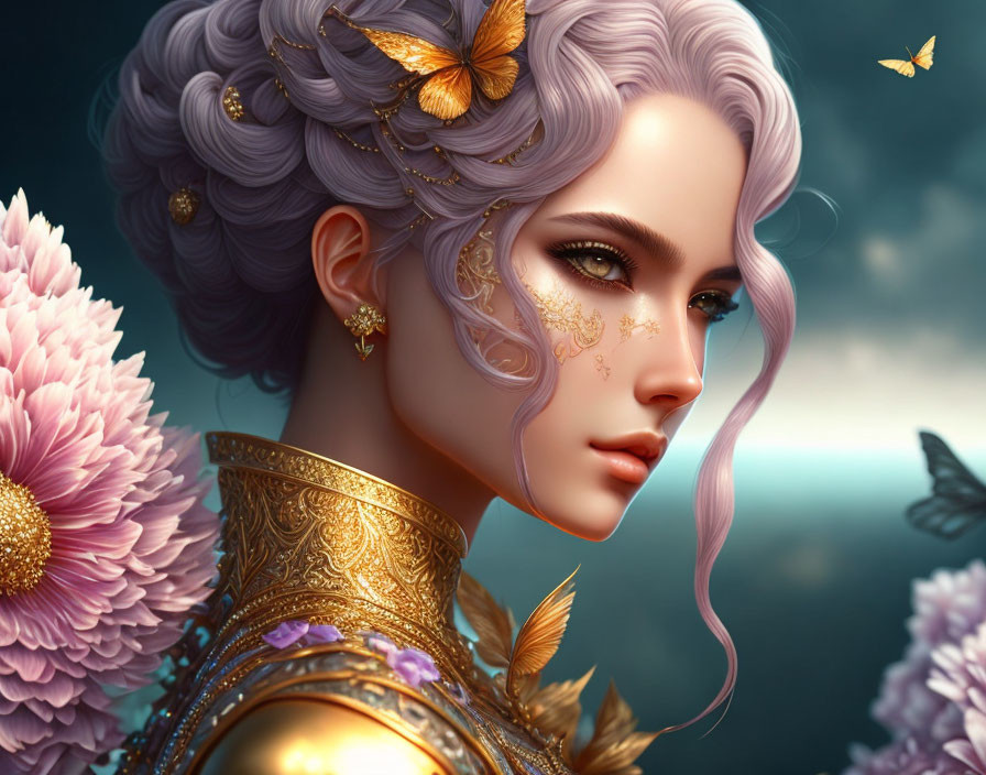 Fantasy illustration of woman with purple hair and gold adornments among butterflies and flowers