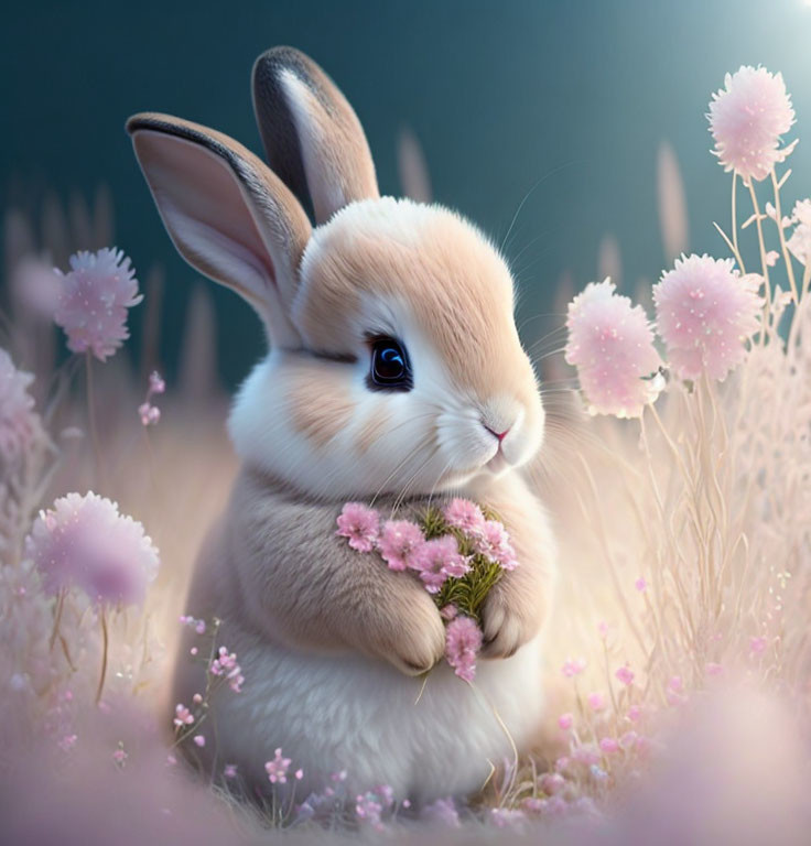 Fluffy rabbit with pink flower bouquet in magical flower field