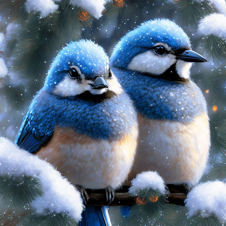 Blue jays on snow-covered branch with glowing lights