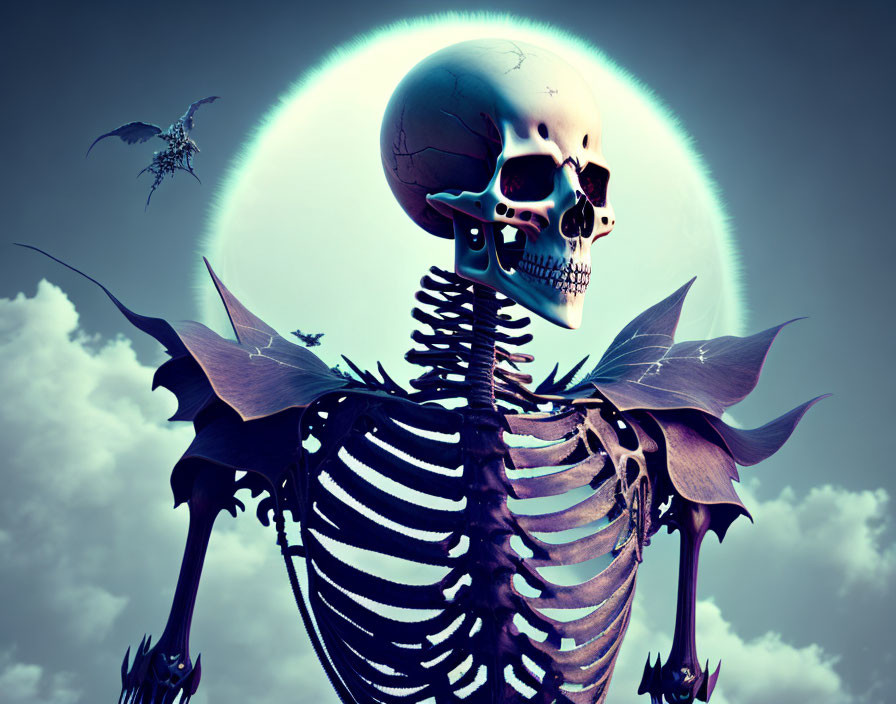 Skeleton with Bat Wings Under Moon with Dragon Silhouette