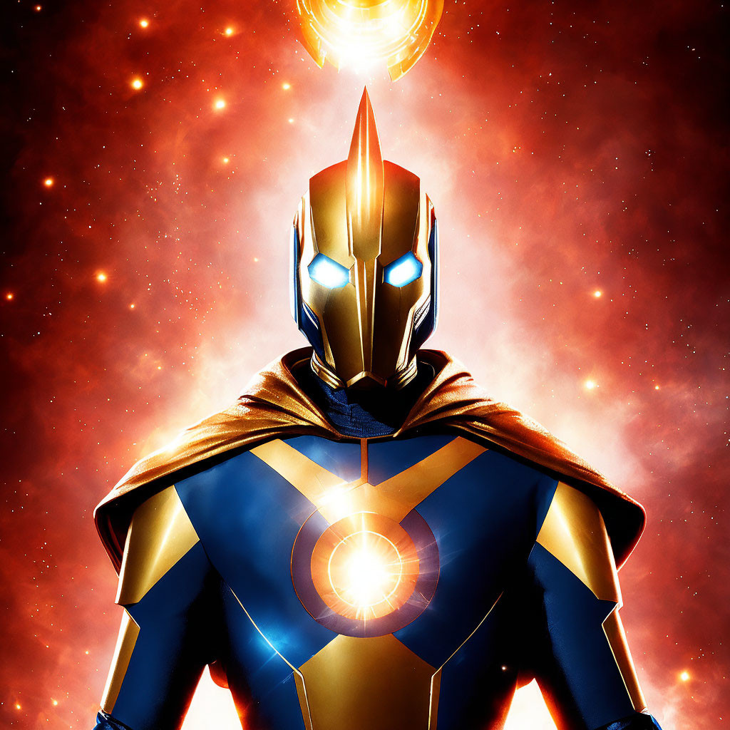 Armored futuristic figure with glowing symbol against fiery cosmic backdrop