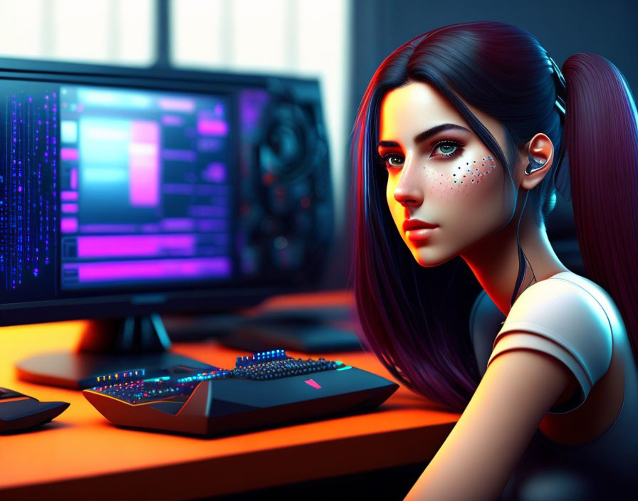 Digital illustration of woman with ponytail at computer screen with code in red and blue lit room