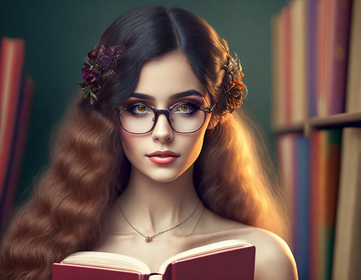 Young woman with long wavy hair and glasses reading a book in front of bookshelves