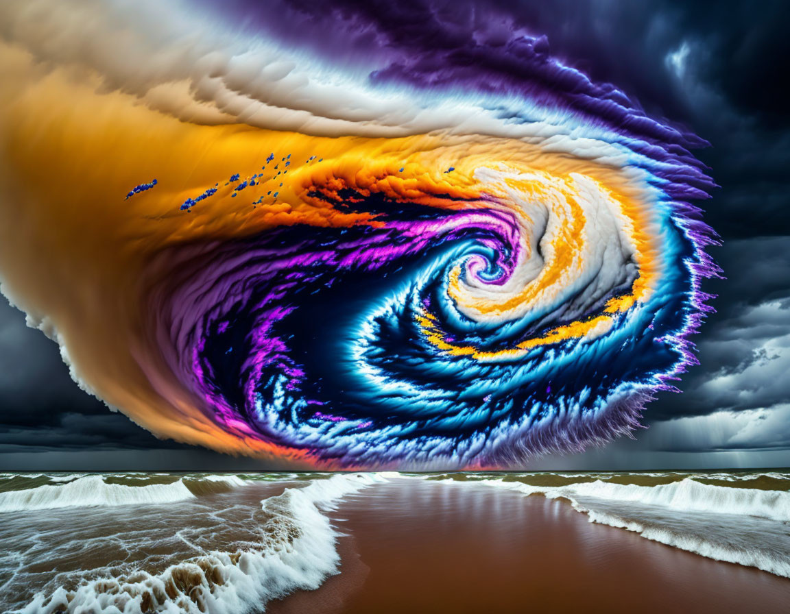 Vibrant surreal storm swirl above tumultuous ocean