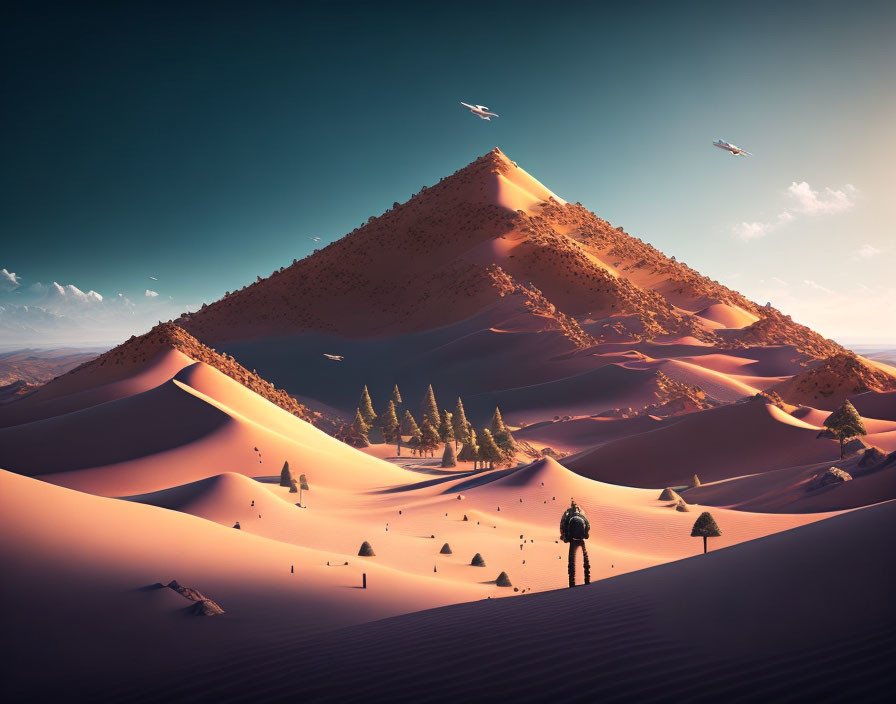 Person on desert dune gazes at pyramid, flying vehicles, trees, and ruins under clear sky