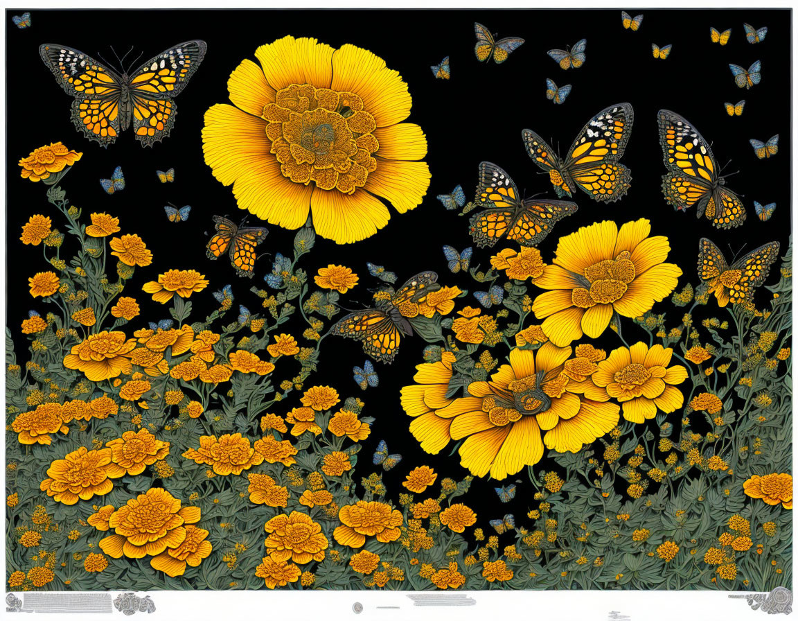 Colorful marigolds and monarch butterflies on black background