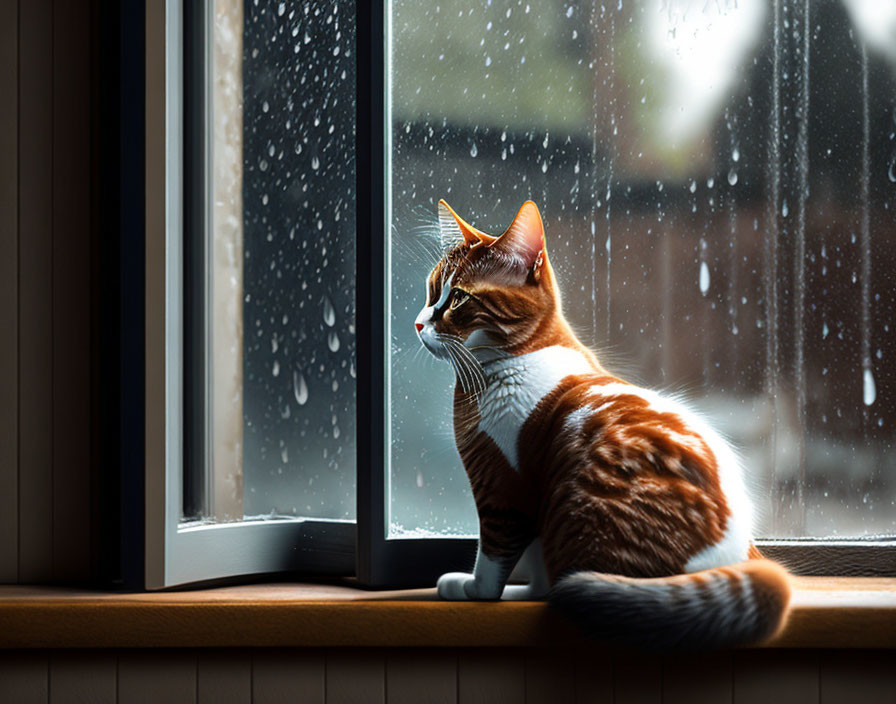Brown and White Cat Watching Raindrops Through Window