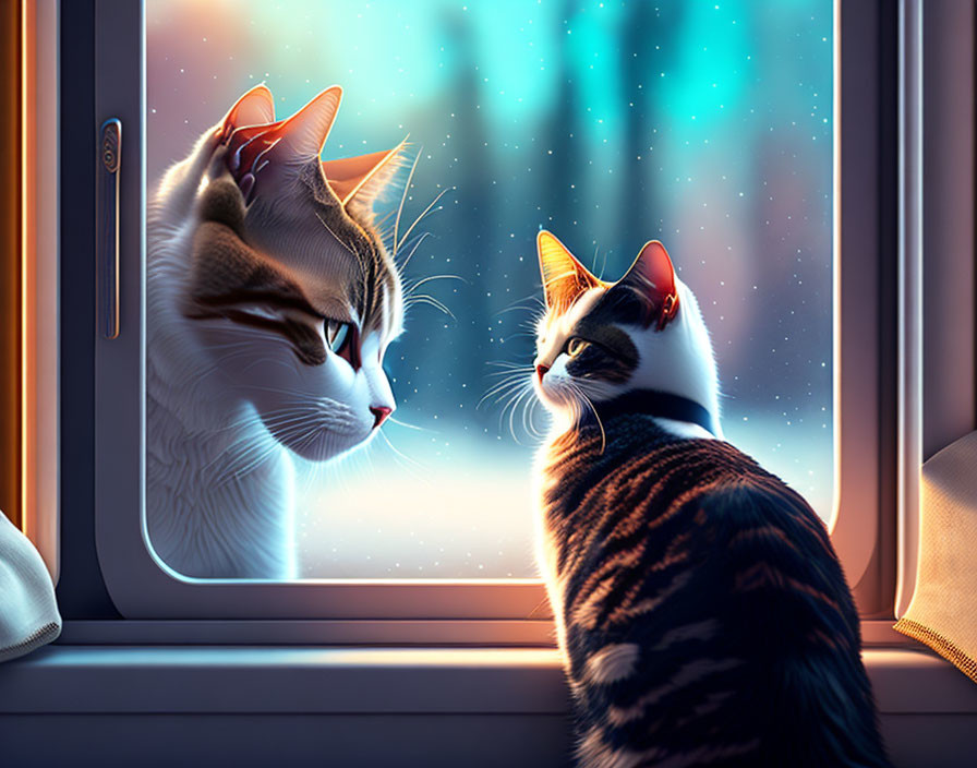 Two Cats Sitting by Window at Night, Staring at Stars