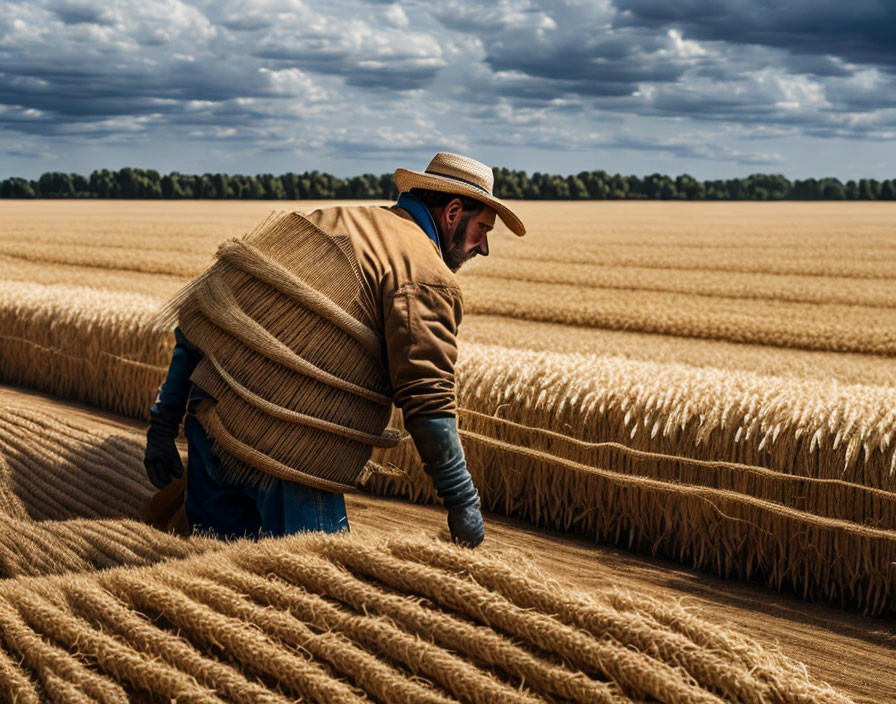 Farmer collecting wheat sheaves in field under cloudy sky