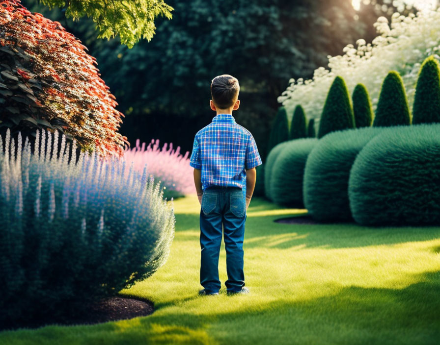 Young boy in blue checkered shirt and jeans in lush garden with sunlight and vibrant flowers.