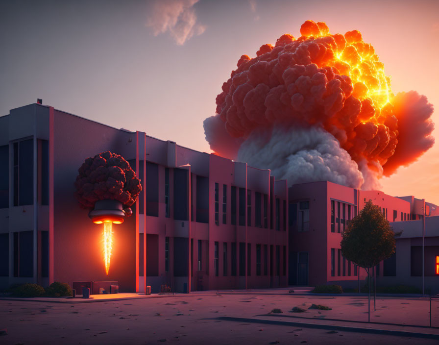 Digital artwork of a mushroom cloud explosion at deserted schoolyard