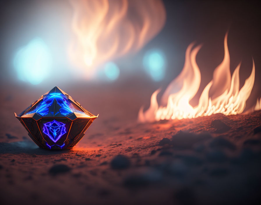 Glowing Blue Crystal Object on Sandy Ground with Ethereal Flames